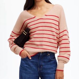 NWT Madewell Wedged V-Neck Sweater in Pale Blush Stripe Size Medium